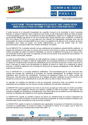 Plateforme “trouvermonmaster.fr”, une consultation ministérielle pour la forme et une sélection renforcée ! - Communiqué de presse du SNESUP-FSU du 30 novembre 2021