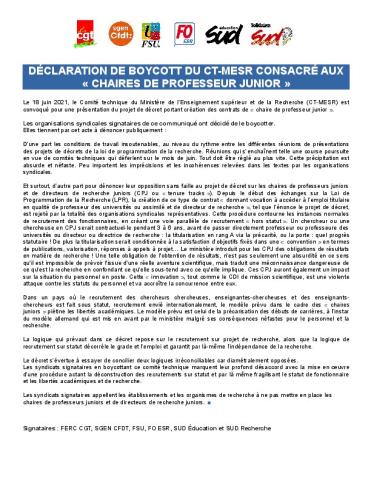 Déclaration de boycott du CT-MESR consacré aux "chaires de professeur junior" du 18 juin 2021 
