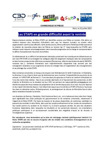 Les STAPS en grande difficulté avant la rentrée - Communiqué de presse du 23 juillet 2021