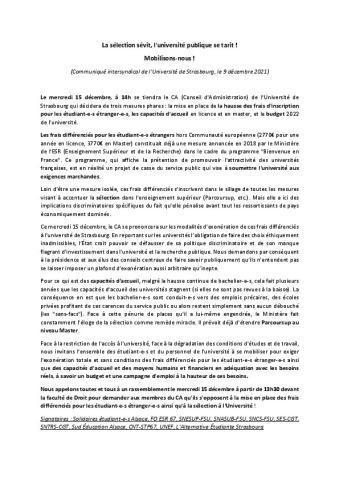 La sélection sévit, l'université publique se tarit !  Mobilisons-nous !  - Communiqué intersyndical de l’Université de Strasbourg,  9 décembre 2021