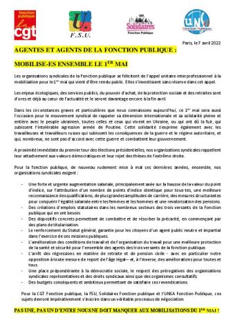 Agentes et agents de la Fonction Publique : Mobilisé-es ensemble le 1er mai - communiqué intersyndicale fonction publique du 7 avril 2022
