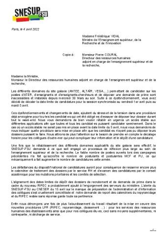 PANNE GALAXIE - Courrier du SNESUP-FSU au ministère, du 4 avril 2022