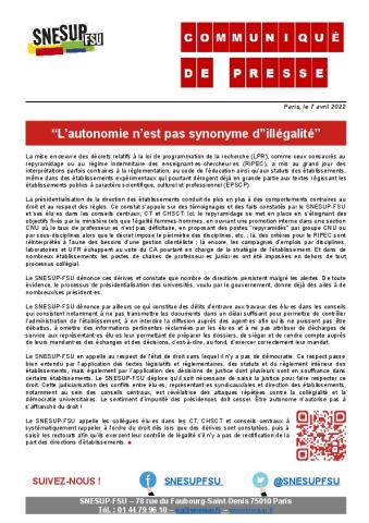 “L’autonomie n’est pas synonyme d’’illégalité” - Communiqué de presse du SNESUP-FSU du 7 avril 2022