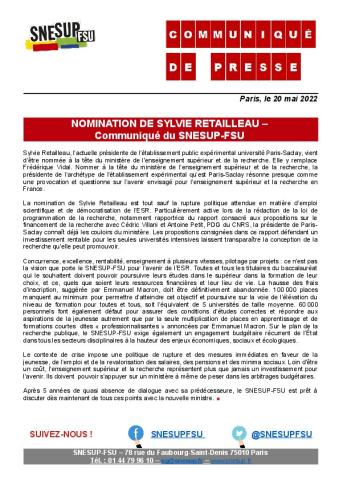 Nomination de Sylvie Retailleau – Communiqué du SNESUP-FSU du 20 mai 2022