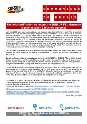 Fin de la certification en langue : le SNESUP-FSU demande, la généralisation à tous les diplômes - Communiqué du SNESUP-FSU du 9 juin 2022