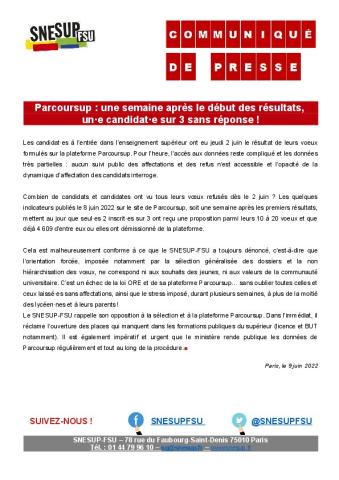 Parcoursup : une semaine après le début des résultats, un·e candidat·e sur 3 sans réponse ! - Communiqué du SNESUP-FSU du 9 juin 2022