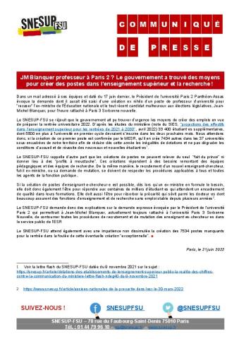 JM Blanquer professeur à Paris 2 ? Le gouvernement a trouvé des moyens pour créer des postes dans l'enseignement supérieur et la recherche !  - Communiqué de presse du SNESUP-FSU du 21 juin 2022
