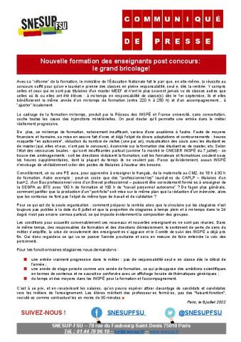 Nouvelle formation des enseignants post concours : le grand bricolage ! Communiqué de presse du SNESUP-FSU du 8 juillet 2022