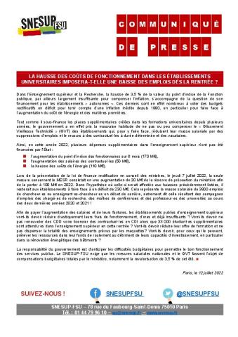 La hausse des coûts de fonctionnement dans les établissements universitaires imposera-t-elle une baisse des emplois dès la rentrée ? - Communiqué de presse du SNESUP-FSU du 12 juillet 2022