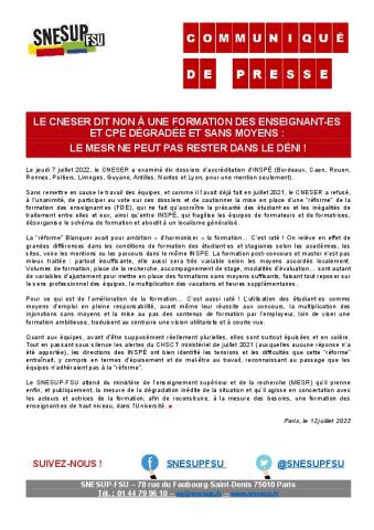 Le CNESER dit non à une formation des enseignant-es et CPE dégradée et sans moyens : le MESR ne peut pas rester dans le déni ! - Communiqué de presse du SNESUP-FSU du 12 juillet 2022