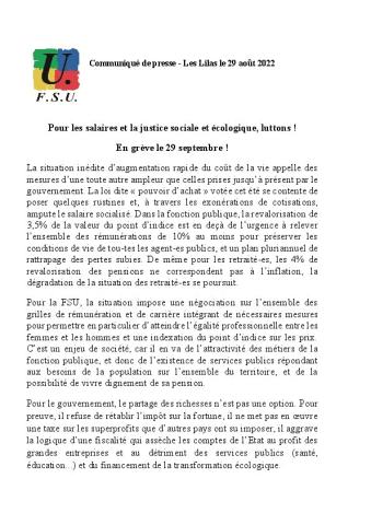 Pour les salaires et la justice sociale et écologique, luttons ! En grève le 29 septembre ! - Communiqué de presse de la FSU du 29 août 2022