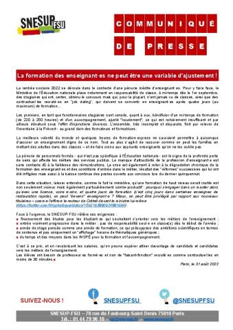 La formation des enseignant·es ne peut être une variable d'ajustement ! - Communiqué de presse du SNESUP-FSU du 31 août 2022