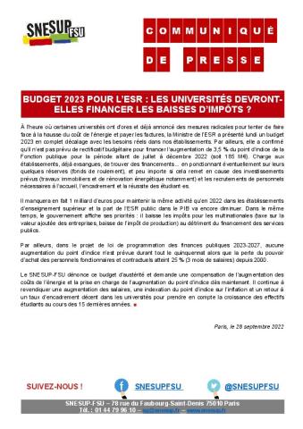 Budget 2023 pour l’ESR : les universités devront-elles financer les baisses d’impôts ? - Communiqué de presse du SNESUP-FSU du 28 septembre 2022