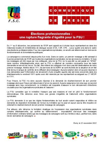 Élections professionnelles :  une rupture flagrante d’égalité pour la FSU ! - Communiqué de presse du SNESUP-FSU du 22 novembre 2022
