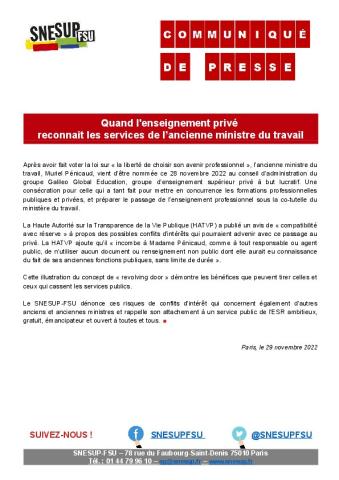 Quand l'enseignement privé  reconnaît les services de l’ancienne ministre du travail - Communiqué de presse du SNESUP-FSU du 29 novembre 2022
