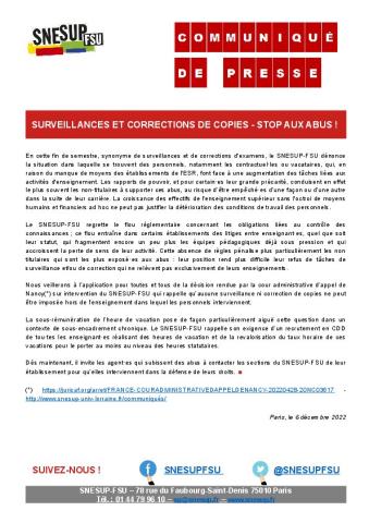 Surveillances et corrections de copies - Stop aux abus ! - Communiqué de presse du SNESUP-FSU du 6 décembre 2022