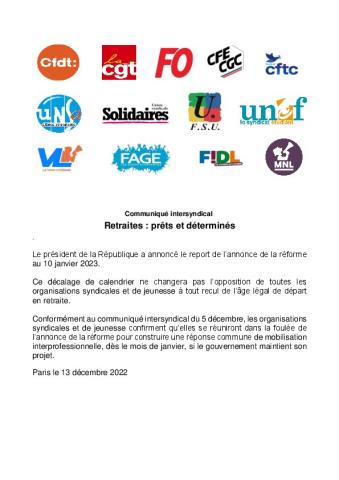 Retraites : prêts et déterminés - Communiqué intersyndical du 13 décembre 2022