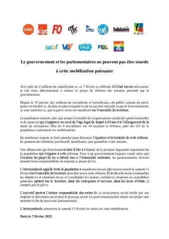 Le gouvernement et les parlementaires ne peuvent pas être sourds à cette mobilisation puissante - Communiqué intersyndical du 7 février 2023