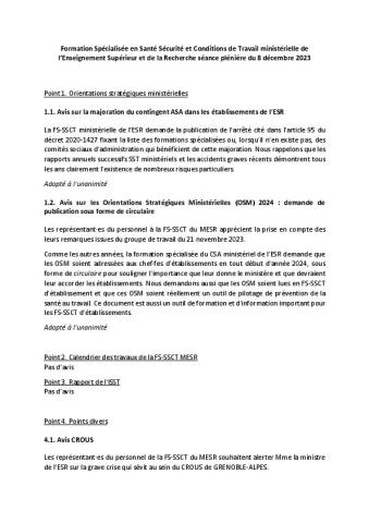 Formation spécialisée SSCT ministérielle du 8 décembre 2023 : avis votés et déclarations intersyndicales 
