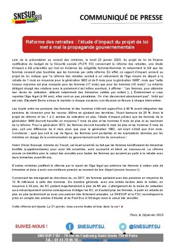 Réforme des retraites : l’étude d’impact du projet de loi met à mal la propagande gouvernementale - Communiqué de presse du SNESUP-FSU du 26 janvier 2023