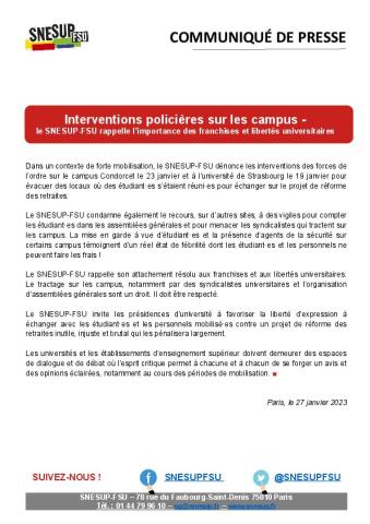 Interventions policières sur les campus - le SNESUP-FSU rappelle l’importance des franchises et libertés universitaires  - Communiqué de presse du SNESUP-FSU du 27 janvier 2023
