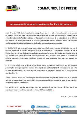 Une propagande bien peu respectueuse des droits des agent·es - Communiqué de presse du SNESUP-FSU du 27 janvier 2023