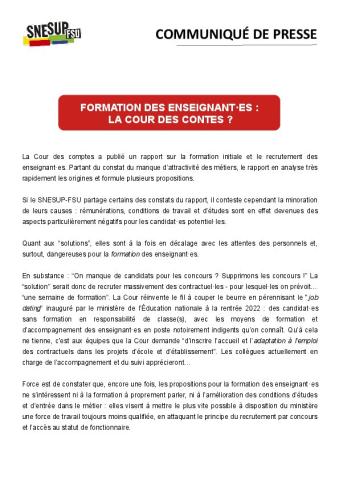 Formation des enseignant·es : la cour des contes ? - Communiqué de presse du SNESUP-FSU du 8 février 2023