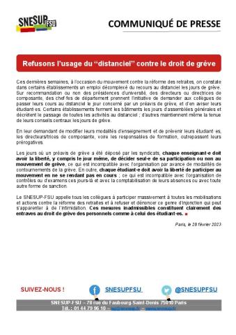 Refusons l’usage du “distanciel” contre le droit de grève - Communiqué de presse du SNESUP-FSU du février 2023