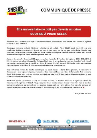 Être universitaire ne doit pas devenir un crime -SOUTIEN À PINAR SELEK - Communiqué de presse du SNESUP-FSU du 29 mars 2023