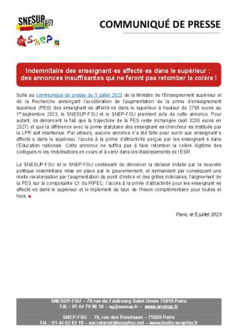 Indemnitaire des enseignant·es affecté·es dans le supérieur : des annonces insuffisantes qui ne feront pas retomber la colère ! - Communiqué de presse du SNESUP-FSU du 5 juillet 2023