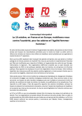Le 13 octobre, en France et en Europe, mobilisons-nous contre l’austérité, pour les salaires et l’égalité femmes- hommes ! - Communiqué intersyndical du 28 août 2023