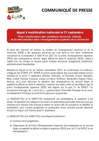 Appel à mobilisation nationale le 21 septembre - Pour l’amélioration des conditions de travail, d’étude et de rémunération dans l’enseignement supérieur et la recherche - Communiqué de presse SNESUP/SNEP-FSU du 12 septembre 2023