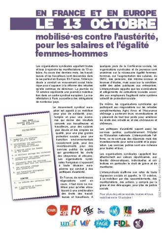 En France et en Europe, LE 13 OCTOBRE, mobilisé-es contre l'austérité, pour les salaires et l'égalité femmes-hommes - Communiqué intersyndical