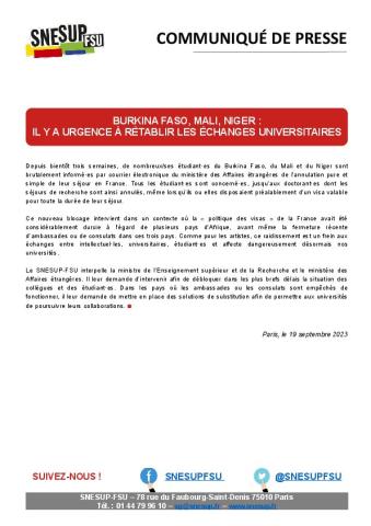 BURKINA FASO, MALI, NIGER : IL Y A URGENCE À RÉTABLIR LES ÉCHANGES UNIVERSITAIRES - Communiqué de presse SNESUP-FSU du 19 septembre 2023