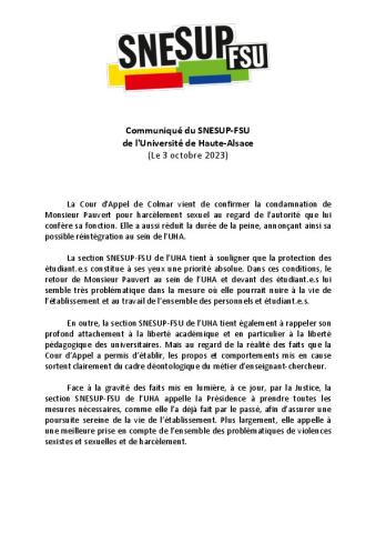 Communiqué du SNESUP-FSU de l'Université de Haute-Alsace