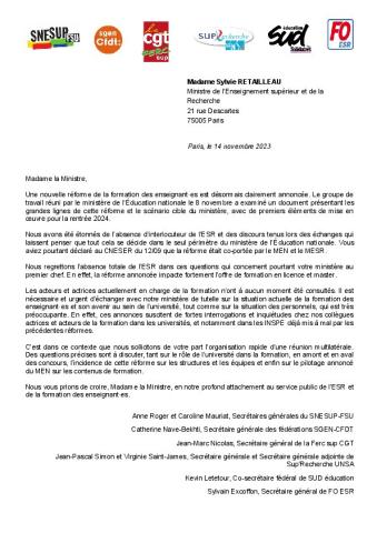 Courrier intersyndical à la Ministre de l'Enseignement supérieur et de la Recherche du 14 novembre 2023 - Demande d'audience au sujet de la réforme de la formation des enseignant·es