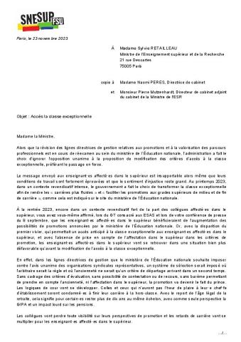  Courrier à la Ministre de l'Enseignement supérieur et de la Recherche du 23 novembre 2023 - Accès à la classe exceptionnelle 