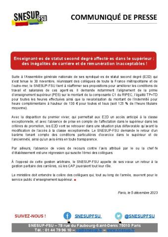 Enseignant·es de statut second degré affecté·es dans le supérieur : des inégalités de carrière et de rémunération inacceptables ! - Communiqué de presse du SNESUP-FSU du 5 décembre 2023 