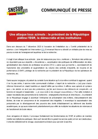 Une attaque tous azimuts : le président de la République piétine l’ESR, la démocratie et les institutions - Communiqué de presse du SNESUP-FSU du 8 décembre 2023