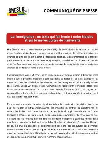 Loi immigration : un texte qui fait honte à notre histoire  et qui ferme les portes de l’université - Communiqué de presse du SNESUP-FSU du 20 décembre 2023