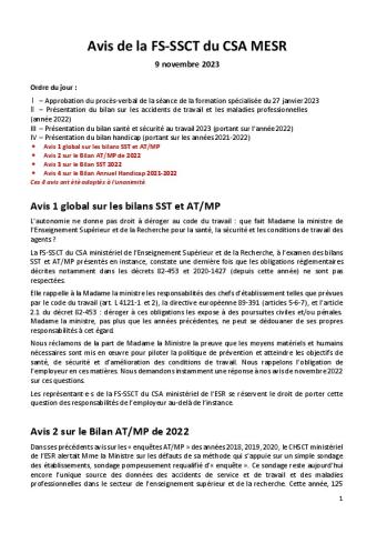 Formation spécialisée SSCT ministérielle du 9 novembre 2023 : avis votés