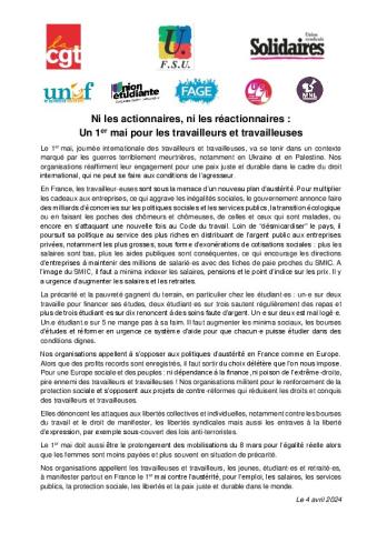 Appel intersyndical et jeunes au 1er mai - Communiqué du 4 avril 2024