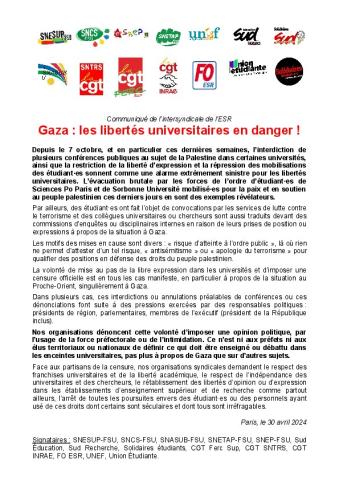 Gaza : les libertés universitaires en danger ! - Communiqué de l'intersyndical de l'ESR du 30 avril 2024