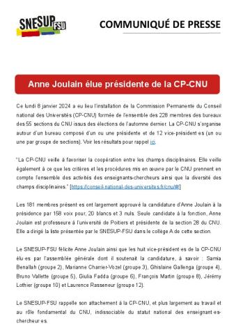 Anne Joulain élue présidente de la CP-CNU - Communiqué de presse du SNESUP-FSU du 9 janvier 2024