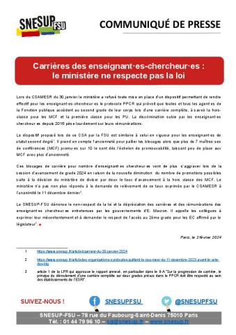 Carrières des enseignant·es-chercheur·es :  le ministère ne respecte pas la loi - Communiqué de presse du SNESUP-FSU du 2 février 2024