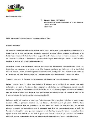 Courrier à la ministre / Palestine du 6 février 2024