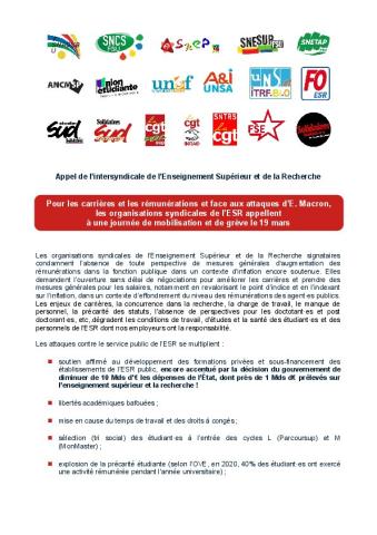 Journée de mobilisation du 19 mars - Pour les carrières et les rémunérations et face aux attaques d’E. Macron, les organisations syndicales de l'ESR se mobilisent - Appel intersyndical du 4 mars 2024