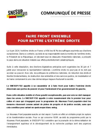 Faire front ensemble pour battre l'extrême droite - Communiqué de presse du SNESUP-FSU du 18 juin 2024