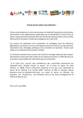 Il faut savoir retirer une réforme ! - Communiqué FSU du 21 juin 2024