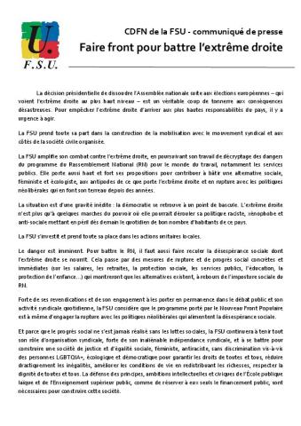 Faire front pour battre l'extrême droite - Communiqué FSU du 19 juin 2024